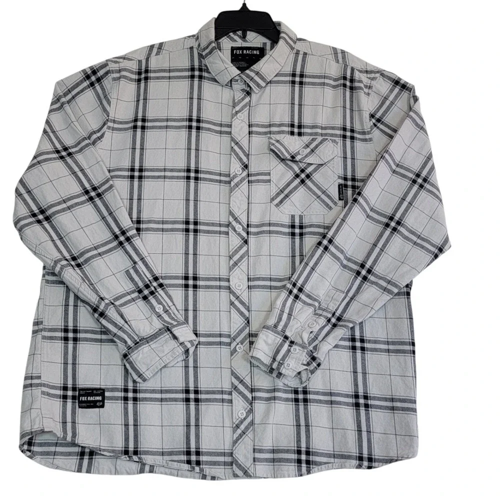 Fox Racing Flannel Shirt Mens XXL White Black Plaid Long Sleeve Cotton